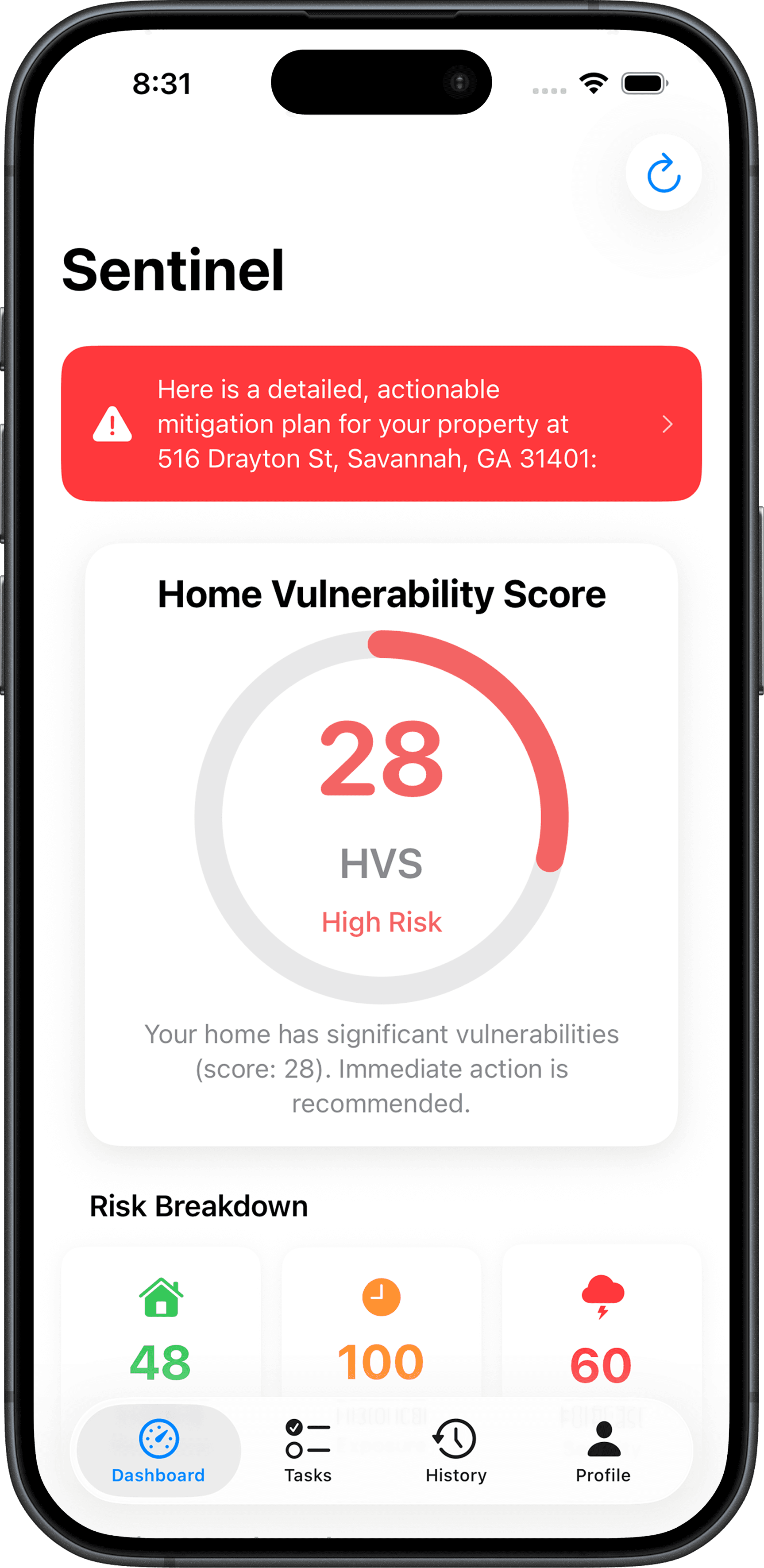Sentinel home vulnerability score interface